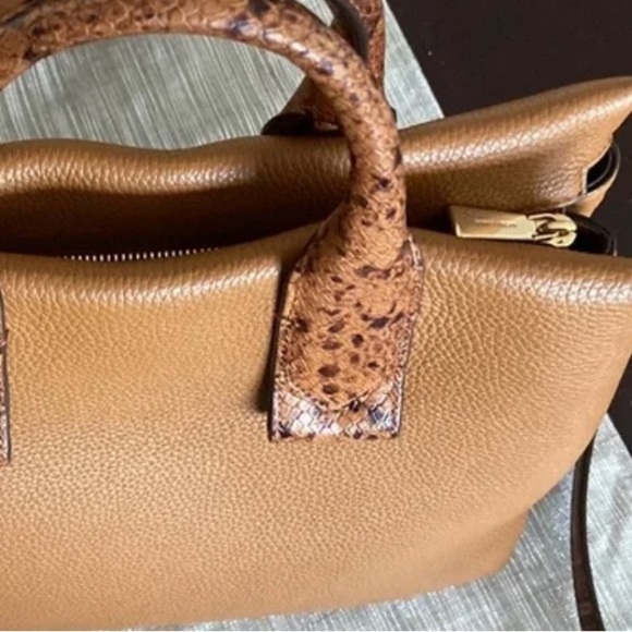 MICHAEL KORS Rollins Python and Tan Acron Leather Satchell Purse Chestnut Brown - Picture 13 of 15